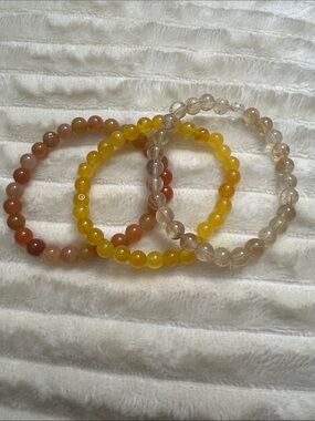 Agate 6mm Bead Stretch Bracelet Trio - Yellow, Peach & Rutilated quartz